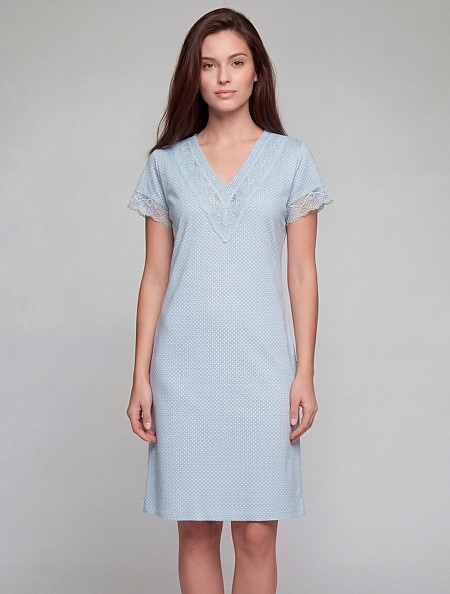 Сорочка нічна принт з бавовни і мережива 1174, блакитний.